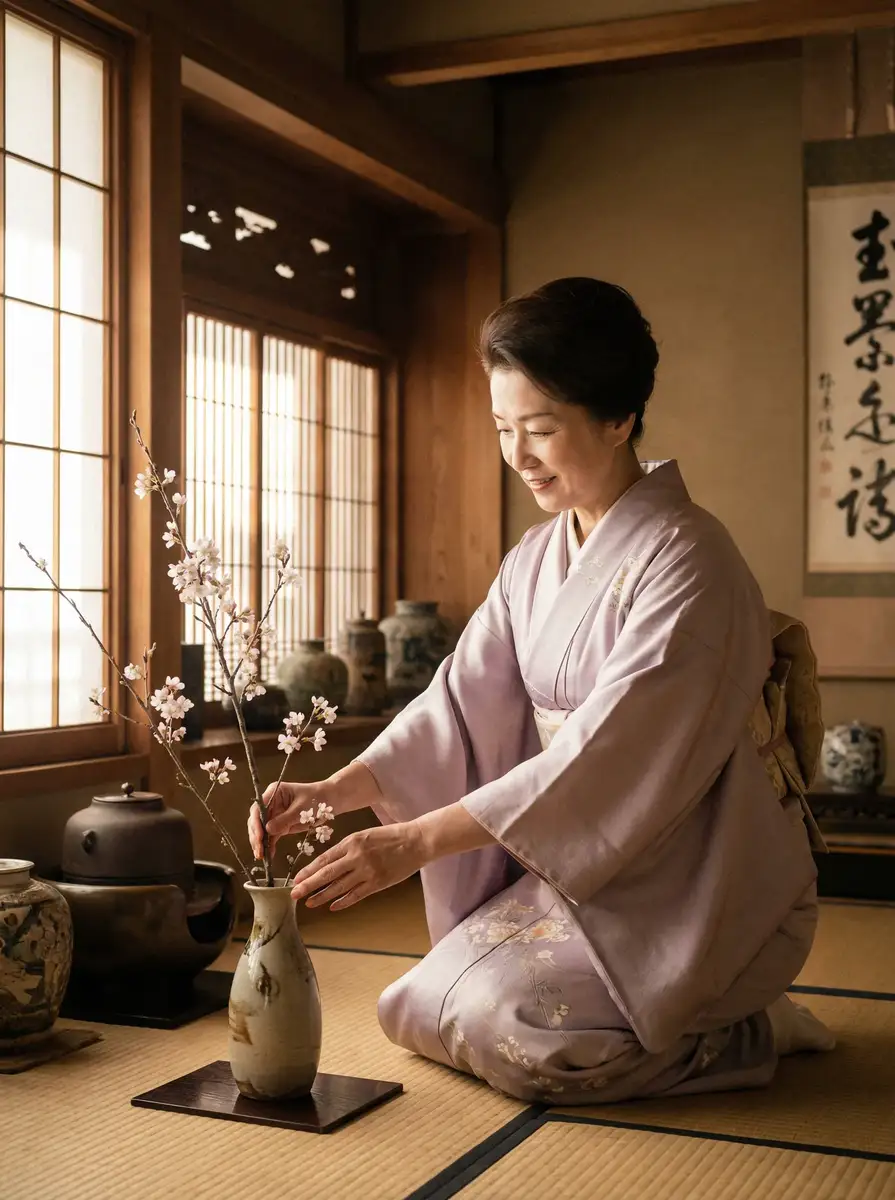 一位优雅的 完美体育平台 在和室中插花